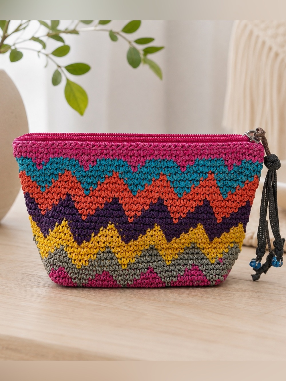 The Sak Colorful Crochet Zip Pouch Cosmetic Bag Boho Small Multi Color